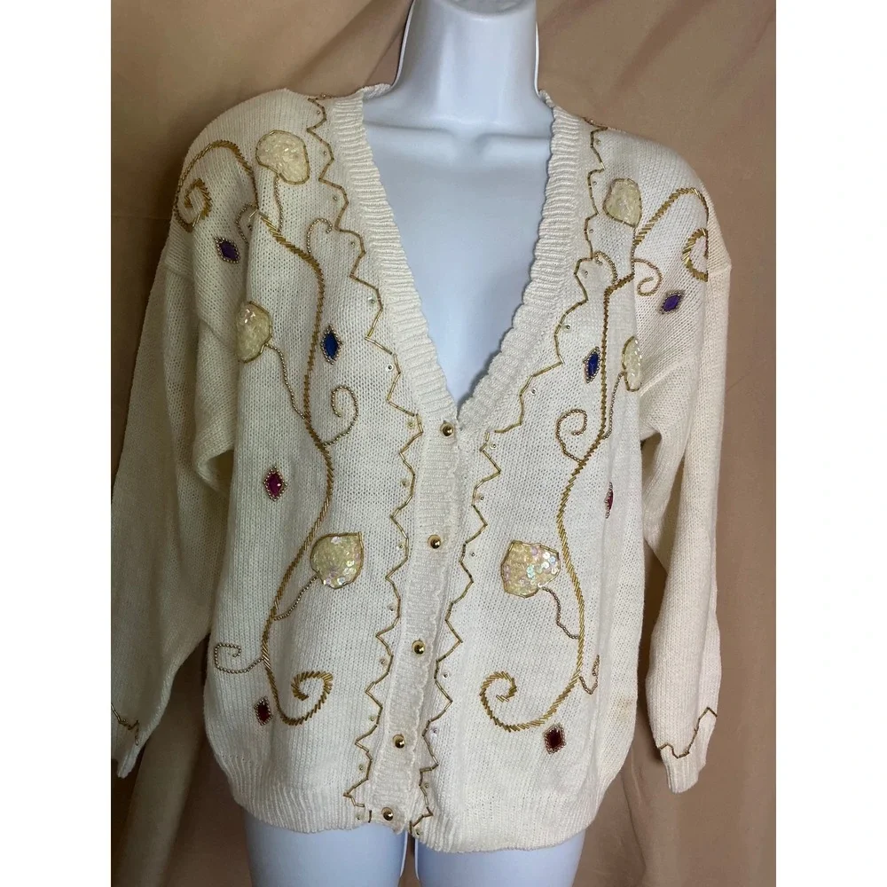 Exclusive Imports Cardigan Womens Medium Cream NWT Beaded Sequin Vintage V-Neck